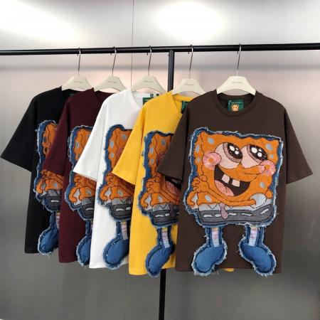 FA53885# 早春！潮酷高街时尚百搭宽松重工珠片海绵宝宝贴布短袖T恤 服裝批發女裝批發服飾貨源