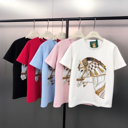 FA53889# 早春！潮牌高街时尚宽松百搭烫砖马年印花圆领短袖T恤 服裝批發女裝批發服飾貨源
