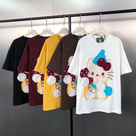 FA53891# 早春！韩系甜美气质可爱KT猫珠片贴布宽松减龄百搭短袖T恤 服裝批發女裝批發服飾貨源