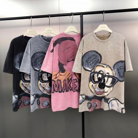 FA53894# 早春！美式潮酷设计感洗水时尚米奇钉珠印花宽松短袖T恤 服裝批發女裝批發服飾貨源