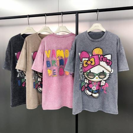 FA53897# 早春！甜酷时尚重工珠片KT猫印花宽松百搭洗水短袖T恤 服裝批發女裝批發服飾貨源