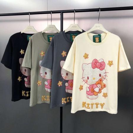 FA53904# 早春！韩系慵懒时尚手工钉珠KT猫印花宽松显瘦百搭短袖T恤 服裝批發女裝批發服飾貨源