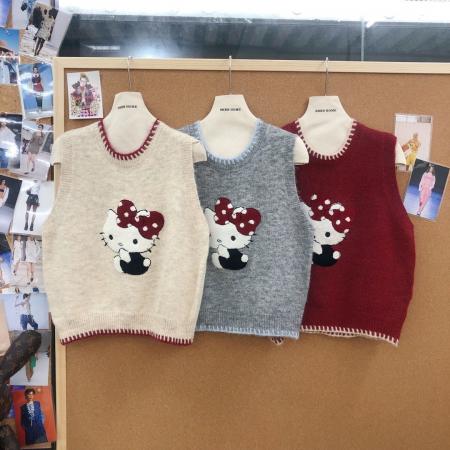 FA53906# 韩版洋气时尚撞色明线圆领KT猫提花叠穿套头针织马甲  服裝批發女裝批發服飾貨源