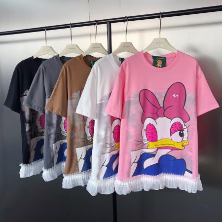 FA53914# 甜酷时尚设计感蕾丝拼接唐老鸭钉珠印花中长款短袖T恤 服裝批發女裝批發服飾貨源