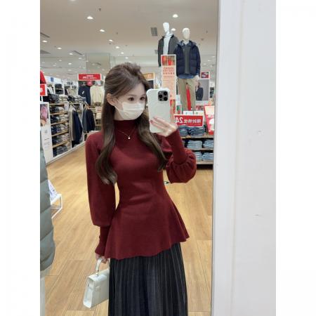 FA53919# 秋冬韩版气质半高领灯笼袖安迪绒收腰内搭针织衫女上衣 服裝批發女裝批發服飾貨源