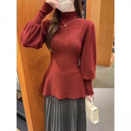 FA53919# 秋冬韩版气质半高领灯笼袖安迪绒收腰内搭针织衫女上衣 服裝批發女裝批發服飾貨源