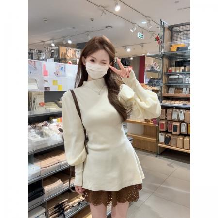 FA53919# 秋冬韩版气质半高领灯笼袖安迪绒收腰内搭针织衫女上衣 服裝批發女裝批發服飾貨源