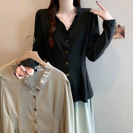 FA53921# 春季新款大码女装时尚减龄收腰显瘦纯色V领百搭衬衫上衣 服裝批發女裝批發服飾貨源