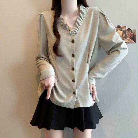 FA53921# 春季新款大码女装时尚减龄收腰显瘦纯色V领百搭衬衫上衣 服裝批發女裝批發服飾貨源