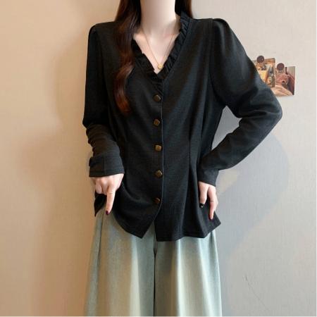 FA53921# 春季新款大码女装时尚减龄收腰显瘦纯色V领百搭衬衫上衣 服裝批發女裝批發服飾貨源