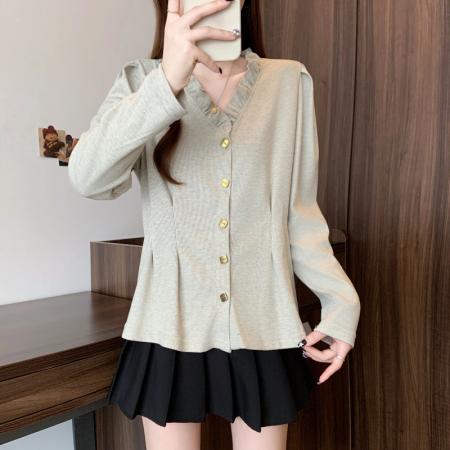 FA53921# 春季新款大码女装时尚减龄收腰显瘦纯色V领百搭衬衫上衣 服裝批發女裝批發服飾貨源