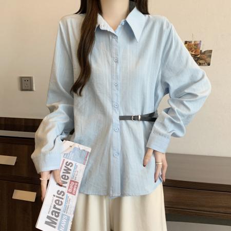 FA53922# 独特别致蓝色衬衫新款春季大码女装胖mm收腰系带遮肚长袖上衣 服裝批發女裝批發服飾貨源
