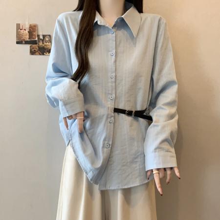 FA53922# 独特别致蓝色衬衫新款春季大码女装胖mm收腰系带遮肚长袖上衣 服裝批發女裝批發服飾貨源
