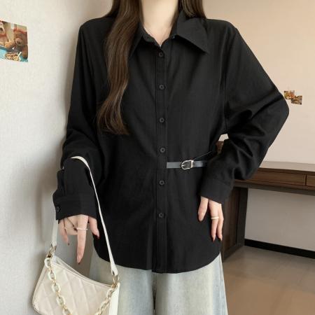 FA53922# 独特别致蓝色衬衫新款春季大码女装胖mm收腰系带遮肚长袖上衣 服裝批發女裝批發服飾貨源