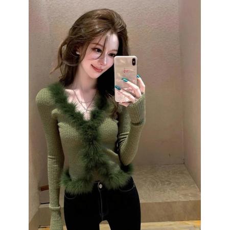 FA53925# 漂亮绿色内搭小衫女装秋冬毛领针织打底衫洋气高贵上衣服 服裝批發女裝批發服飾貨源