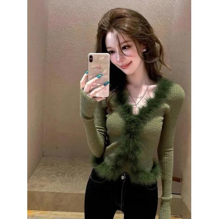 FA53925# 漂亮绿色内搭小衫女装秋冬毛领针织打底衫洋气高贵上衣服 服裝批發女裝批發服飾貨源