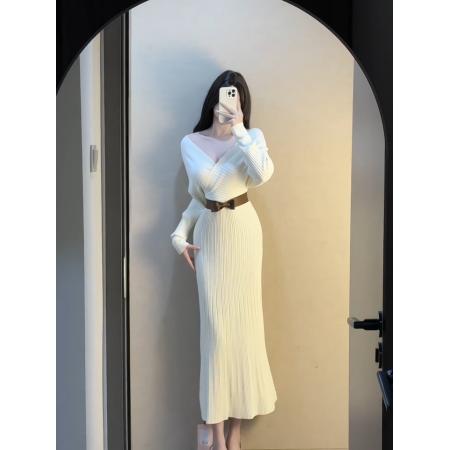 FA53926# 心动情书秋季韩系性感辣妹名媛气质V领针织连衣裙 服裝批發女裝批發服飾貨源