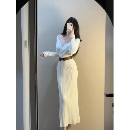 FA53926# 心动情书秋季韩系性感辣妹名媛气质V领针织连衣裙 服裝批發女裝批發服飾貨源