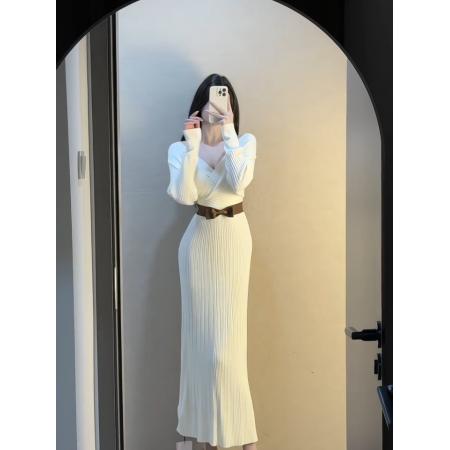 FA53926# 心动情书秋季韩系性感辣妹名媛气质V领针织连衣裙 服裝批發女裝批發服飾貨源