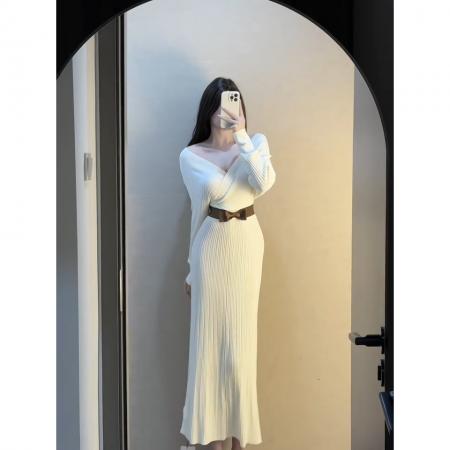 FA53926# 心动情书秋季韩系性感辣妹名媛气质V领针织连衣裙 服裝批發女裝批發服飾貨源