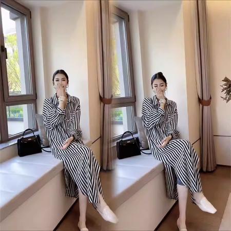 FA53930# 春季新款条纹衬衫裙中长款宽松POLO领显瘦防晒长袖连衣裙女 服裝批發女裝批發服飾貨源