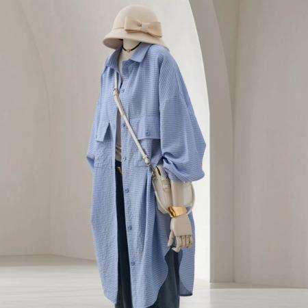 FA53931# 春季新款慵懒风肌理感空调衫中长款翻领长袖外搭条纹衬衫女 服裝批發女裝批發服飾貨源