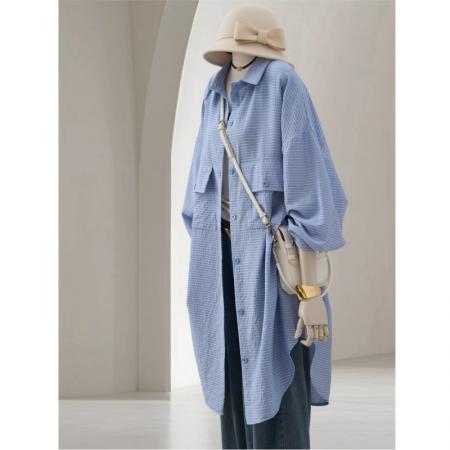 FA53931# 春季新款慵懒风肌理感空调衫中长款翻领长袖外搭条纹衬衫女 服裝批發女裝批發服飾貨源