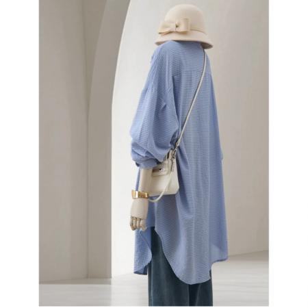 FA53931# 春季新款慵懒风肌理感空调衫中长款翻领长袖外搭条纹衬衫女 服裝批發女裝批發服飾貨源