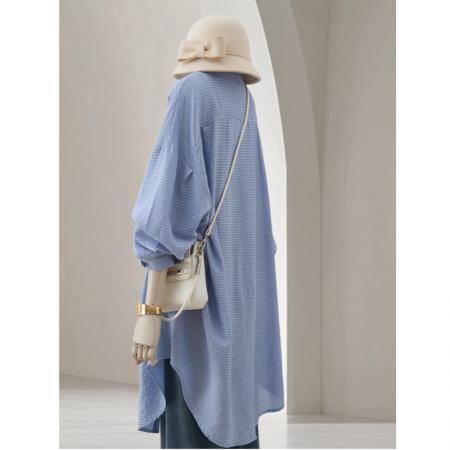 FA53931# 春季新款慵懒风肌理感空调衫中长款翻领长袖外搭条纹衬衫女 服裝批發女裝批發服飾貨源