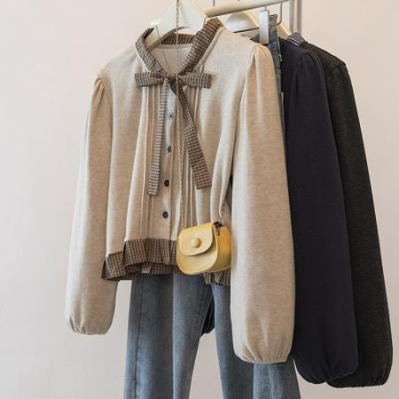 FA53938# 大码撞色拼接蝴蝶结系带衬衫女春季新款设计感减龄百搭上衣 服裝批發女裝批發服飾貨源