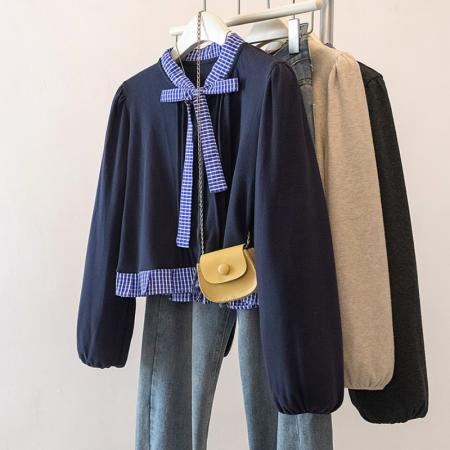 FA53938# 大码撞色拼接蝴蝶结系带衬衫女春季新款设计感减龄百搭上衣 服裝批發女裝批發服飾貨源