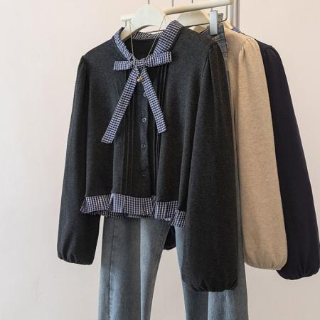 FA53938# 大码撞色拼接蝴蝶结系带衬衫女春季新款设计感减龄百搭上衣 服裝批發女裝批發服飾貨源