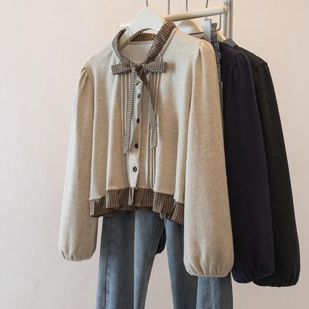 FA53938# 大码撞色拼接蝴蝶结系带衬衫女春季新款设计感减龄百搭上衣 服裝批發女裝批發服飾貨源