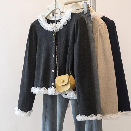 FA53939# 大码木耳边撞色接拼长袖衬衫春季新款减龄显瘦百搭上衣女 服裝批發女裝批發服飾貨源