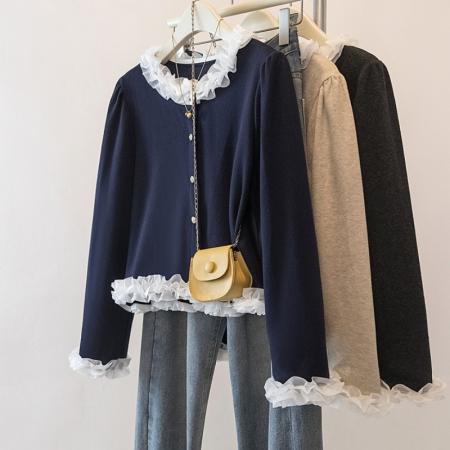 FA53939# 大码木耳边撞色接拼长袖衬衫春季新款减龄显瘦百搭上衣女 服裝批發女裝批發服飾貨源