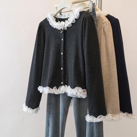 FA53939# 大码木耳边撞色接拼长袖衬衫春季新款减龄显瘦百搭上衣女 服裝批發女裝批發服飾貨源