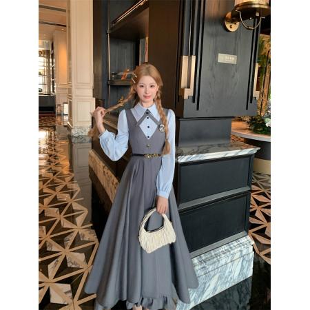 FA53940# 学院风减龄撞色衬衫假两件收腰西装连衣裙早秋時尚穿搭显瘦高腰 服裝批發女裝批發服飾貨源