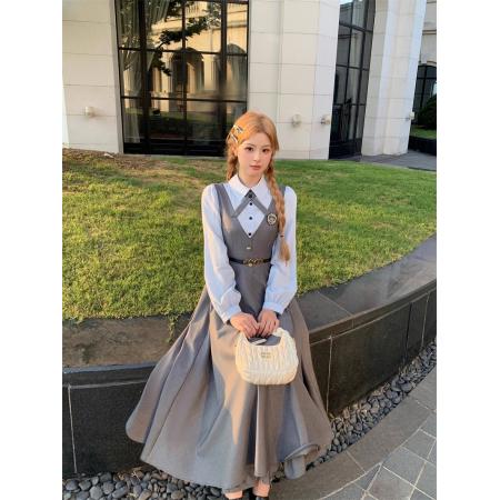 FA53940# 学院风减龄撞色衬衫假两件收腰西装连衣裙早秋時尚穿搭显瘦高腰 服裝批發女裝批發服飾貨源