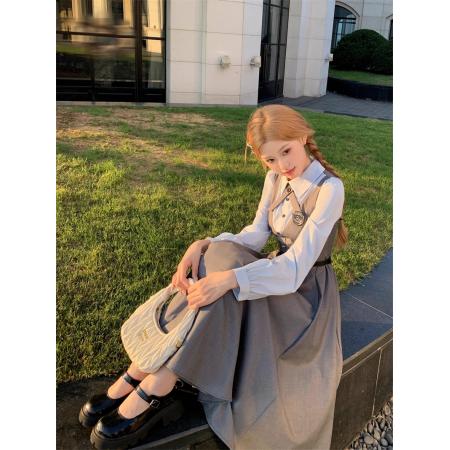 FA53940# 学院风减龄撞色衬衫假两件收腰西装连衣裙早秋時尚穿搭显瘦高腰 服裝批發女裝批發服飾貨源