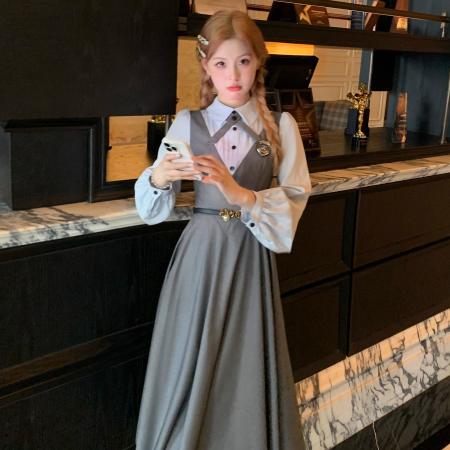 FA53940# 学院风减龄撞色衬衫假两件收腰西装连衣裙早秋時尚穿搭显瘦高腰 服裝批發女裝批發服飾貨源