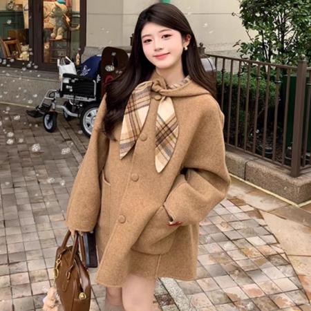 FA53941# 连帽格子毛呢大衣冬季新款棕色宽松小个子短款外套 服裝批發女裝批發服飾貨源
