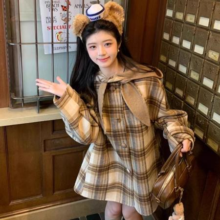 FA53941# 连帽格子毛呢大衣冬季新款棕色宽松小个子短款外套 服裝批發女裝批發服飾貨源