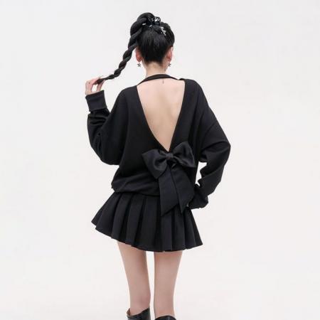 FA53942# 韩系学院风套装秋季减龄蝴蝶结设计感露背卫衣百褶半身裙两件套女 服裝批發女裝批發服飾貨源