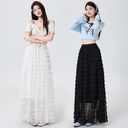 FA53943# 春夏新款波点网纱蛋糕半身裙女韩版高腰显瘦蓬蓬中长款仙女裙 服裝批發女裝批發服飾貨源