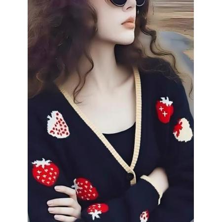 FA53947# 时尚可爱风V领草莓提花设计针织开衫女冬季长袖减龄百搭上衣外套 服裝批發女裝批發服飾貨源