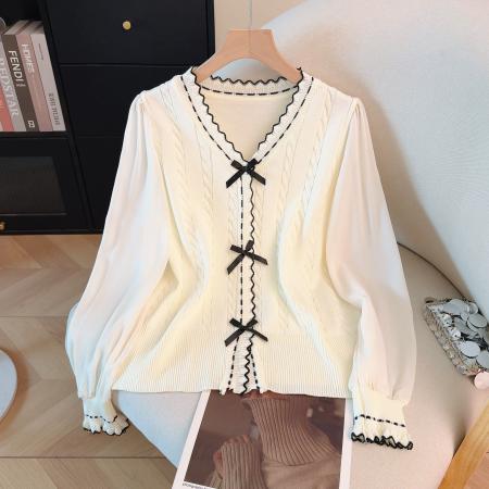 FA53949# 春季新款雪纺拼接冰丝针织衫蝴蝶结V领撞色上衣洋气百搭 服裝批發女裝批發服飾貨源