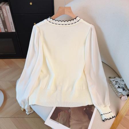 FA53949# 春季新款雪纺拼接冰丝针织衫蝴蝶结V领撞色上衣洋气百搭 服裝批發女裝批發服飾貨源