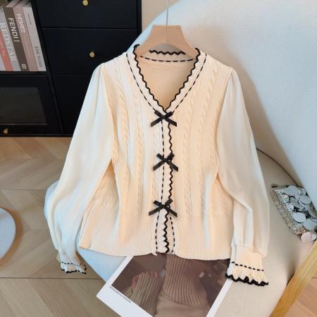 FA53949# 春季新款雪纺拼接冰丝针织衫蝴蝶结V领撞色上衣洋气百搭 服裝批發女裝批發服飾貨源