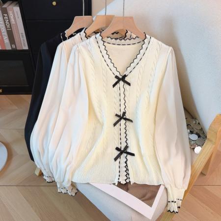 FA53949# 春季新款雪纺拼接冰丝针织衫蝴蝶结V领撞色上衣洋气百搭 服裝批發女裝批發服飾貨源