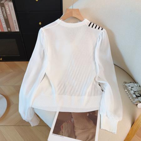 FA53950# 春季新款雪纺拼接针织衫V领蕾丝领口鸳鸯条纹上衣 服裝批發女裝批發服飾貨源